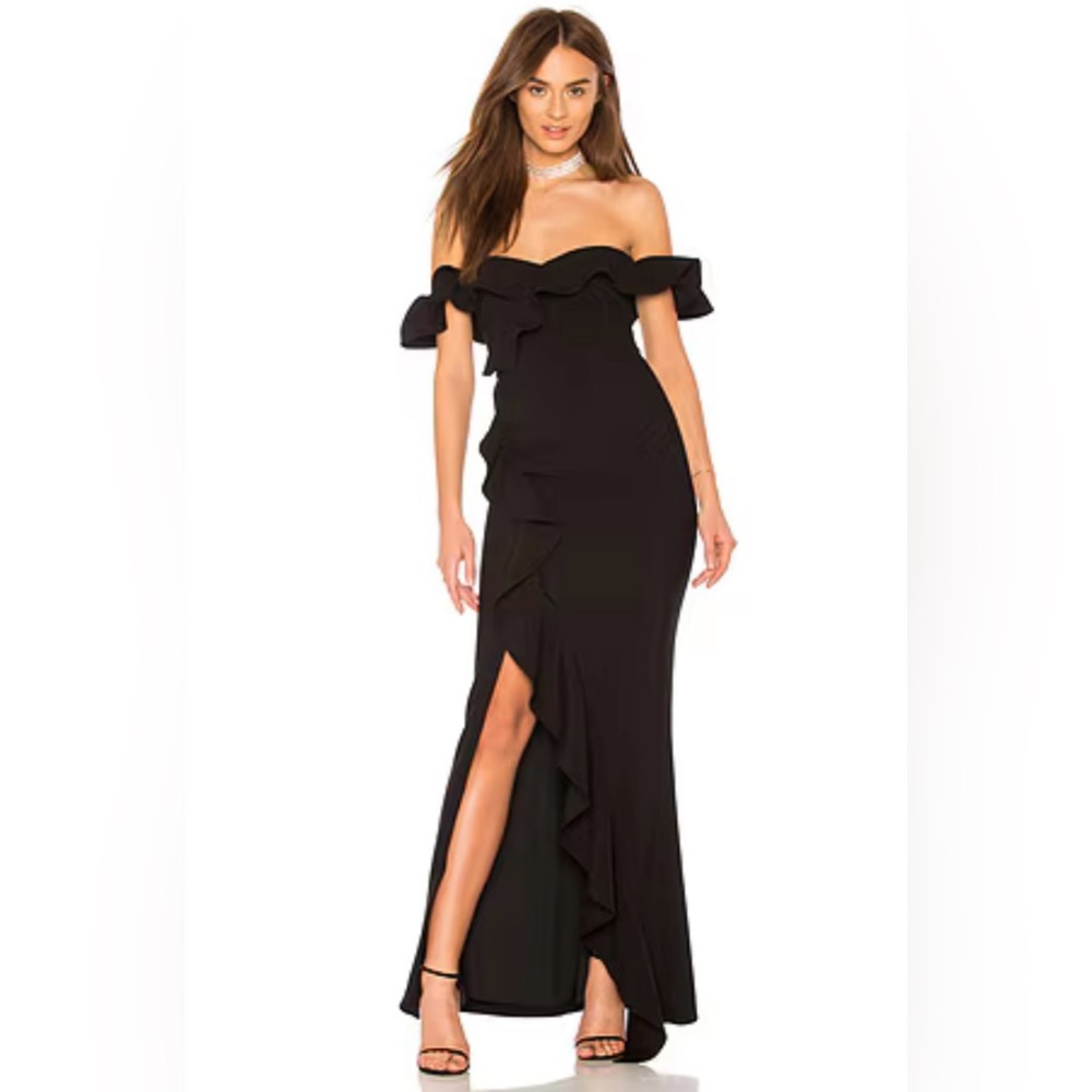 REVOLVE Strapless Black Ruffle Gown